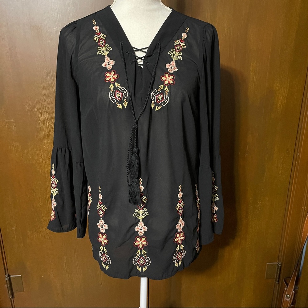 Chico's Black Tunic with Floral Embroidery